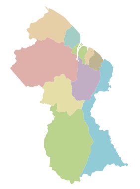 Bölgeleri ve idari bölümleri olan Guyana 'nın boş haritası. Düzenlenebilir ve etiketlenebilir katmanlar.