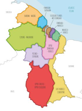Bölgeler, idari bölümler ve komşu ülkelerle birlikte Guyana 'nın vektör resimli haritası. Düzenlenebilir ve etiketlenebilir katmanlar.