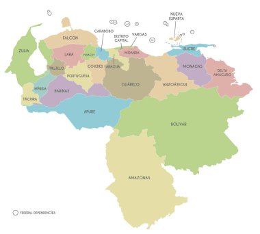 Eyaletleri, başkenti, federal bağımlılıkları ve idari bölümleri olan Venezuela 'nın vektör haritası. Düzenlenebilir ve etiketlenebilir katmanlar.