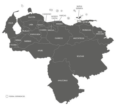 Eyaletleri, başkenti, federal bağımlılıkları ve idari bölümleri olan Venezuela 'nın vektör haritası. Düzenlenebilir ve etiketlenebilir katmanlar.