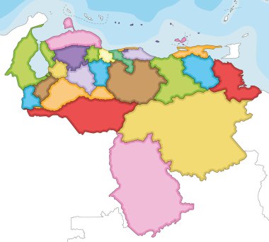 Vector illustrated blank map of Venezuela with states, capital district, federal dependencies and administrative divisions, and neighbouring countries. Editable and clearly labeled layers. clipart