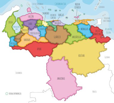 Vector illustrated map of Venezuela with states, capital district, federal dependencies and administrative divisions, and neighbouring countries. Editable and clearly labeled layers. clipart