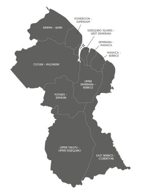 Bölgeli ve idari bölümlü Guyana 'nın vektör haritası. Düzenlenebilir ve etiketlenebilir katmanlar.
