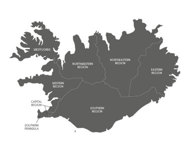 Bölgeleri ve idari bölümleri olan İzlanda 'nın vektör haritası. Düzenlenebilir ve etiketlenebilir katmanlar.