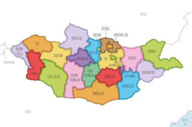 Vektör, Moğolistan 'ın bölgesel haritasını eyaletler ve idari bölümler, komşu ülkeler ve bölgelerle çizdi. Düzenlenebilir ve etiketlenebilir katmanlar.