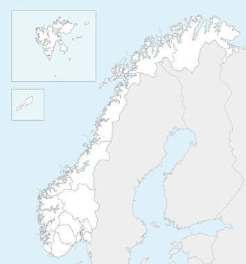 Bölgesel boş Norveç haritasını ilçe ve bölgeleri ve komşu ülkelerle birlikte taşıyın. Düzenlenebilir ve etiketlenebilir katmanlar.
