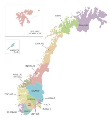 Norveç 'in bölge ve bölgeleri ve idari bölümleri olan bölgesel vektör haritası. Düzenlenebilir ve etiketlenebilir katmanlar.