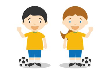 Spor vektör illüstrasyonları: Futbolcu erkek ve kadın çizgi film karakterleri