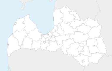 Letonya 'nın devlet şehirleri, belediyeler, idari bölümler, komşu ülkeler ve bölgelerle ilgili bölgesel boş haritasını oluşturun. Düzenlenebilir ve etiketlenebilir katmanlar.