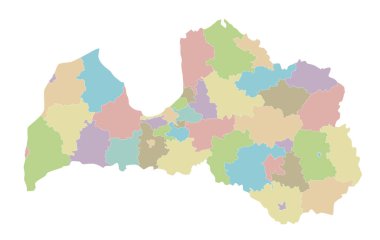 Letonya 'nın devlet şehirleri ve belediyeleriyle ve idari bölümleriyle ilgili bölgesel boş haritasını oluşturun. Düzenlenebilir ve etiketlenebilir katmanlar.