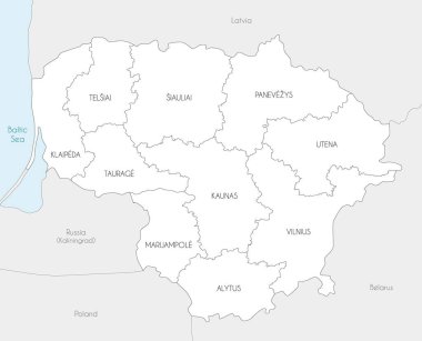 Litvanya 'nın ilçe ve idari bölümleri, komşu ülkeler ve bölgeleri olan bölgesel vektör haritası. Düzenlenebilir ve etiketlenebilir katmanlar.