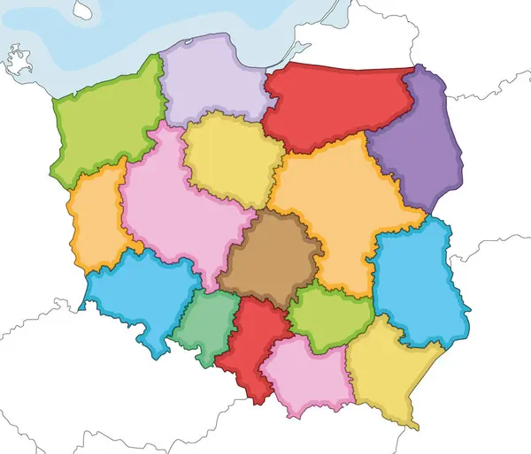 stock vector Vector illustrated blank map of Poland with provinces and administrative divisions, and neighbouring countries and territories. Editable and clearly labeled layers.