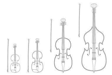 Beyaz arkaplanda izole edilmiş çizgi film tarzında renklendirme için dizgileri eğerek çalan sicim enstrümanlarının vektör illüstrasyon seti