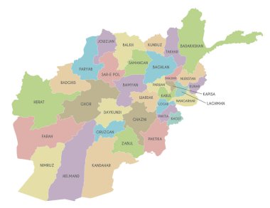 Afganistan 'ın vilayetleri, bölgeleri ve idari bölümleri olan bölgesel vektör haritası. Düzenlenebilir ve etiketlenebilir katmanlar.