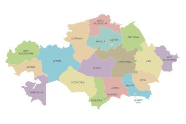 Bölgeleri, bağımsız şehirleri ve idari bölümleri olan Kazakistan 'ın vektör haritası. Düzenlenebilir ve etiketlenebilir katmanlar.