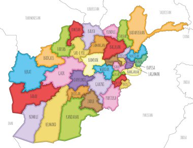 Vektör, Afganistan 'ın bölgesel haritasını vilayetler, idari bölümler, komşu ülkeler ve bölgelerle çizdi. Düzenlenebilir ve etiketlenebilir katmanlar.