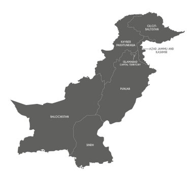 Eyaletleri, bölgeleri ve idari bölümleri olan Pakistan 'ın vektör bölgesel haritası. Düzenlenebilir ve etiketlenebilir katmanlar.