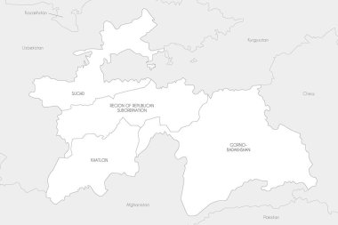 Taşraları, idari bölümleri, komşu ülkeler ve bölgeleri olan Tacikistan 'ın bölgesel vektör haritası. Düzenlenebilir ve etiketlenebilir katmanlar.