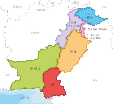 Vektör, Pakistan 'ın illeri, toprakları, idari bölümleri, komşu ülkeler ve bölgeleri ile ilgili bölgesel haritasını çizdi. Düzenlenebilir ve etiketlenebilir katmanlar.