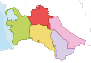 Vector illustrated regional blank map of Turkmenistan with provinces, capital city district and administrative divisions, and neighbouring countries and territories. Editable and clearly labeled layers. clipart