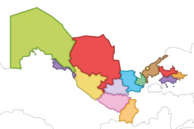 Vektör, bölgeler ve idari bölünmeler, komşu ülkeler ve bölgelerle birlikte Özbekistan 'ın boş haritasını çizdi. Düzenlenebilir ve etiketlenebilir katmanlar.