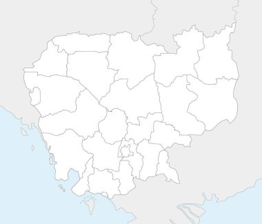 Kamboçya 'nın vilayetleri, idari bölümleri, komşu ülkeler ve bölgeleri olan bölgesel boş haritasını oluşturun. Düzenlenebilir ve etiketlenebilir katmanlar.