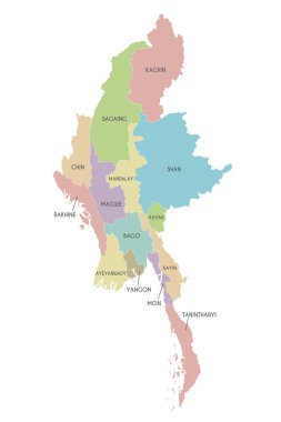 Myanmar 'ın bölgeleri, devletleri ve idari bölümleri olan vektör haritası. Düzenlenebilir ve etiketlenebilir katmanlar.
