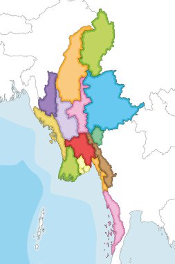Vektör, Myanmar 'ın bölgeleri, devletleri ve idari bölümleri, komşu ülkeler ve bölgeleri olan boş haritasını çizdi. Düzenlenebilir ve etiketlenebilir katmanlar.