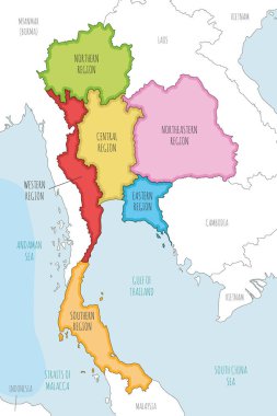 Tayland 'ın bölgeleri, idari bölümleri, komşu ülkeler ve bölgeleri olan vektör resimli haritası. Düzenlenebilir ve etiketlenebilir katmanlar.