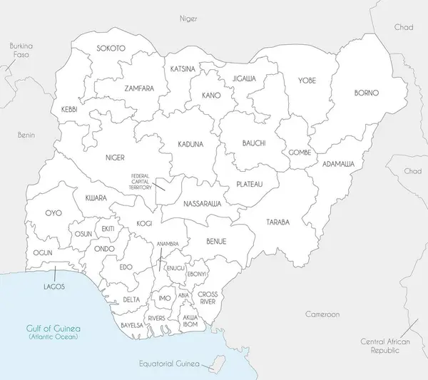 stock vector Vector regional map of Nigeria with states and administrative divisions, and neighbouring countries and territories. Editable and clearly labeled layers.