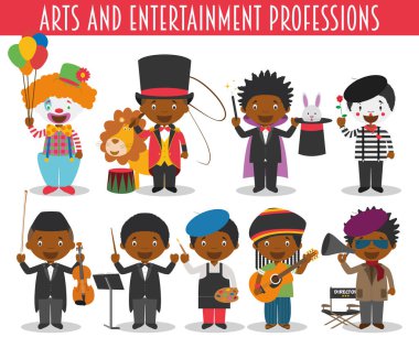 Çizgi film tarzında Vector Set of Arts and Entertainment Professions. Siyah ya da Afrikalı Amerikan karakterleri.