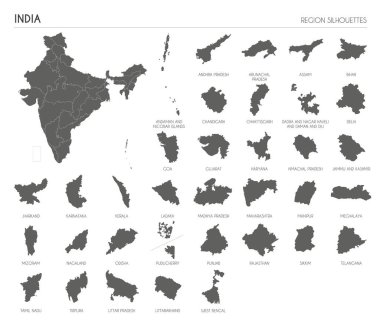 Hindistan bölgesi siluetleri beyaz arka planda izole edilmiş ülkenin boş haritaları. Vektör illüstrasyon tasarımı