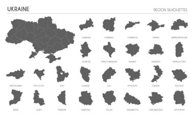 Ukraine region silhouettes set and blank map of the country isolated on white background. Vector illustration design
