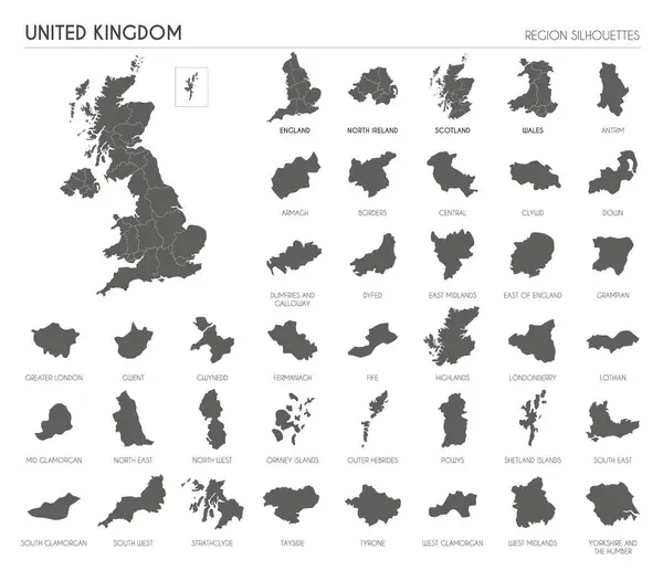 stock vector UK region silhouettes set and blank map of the country isolated on white background. Vector illustration design