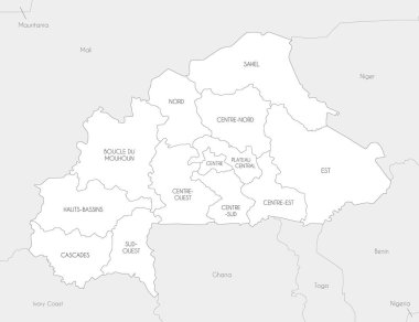 Vector map of Burkina Faso with regions and administrative divisions, and neighbouring countries and territories. Editable and clearly labeled layers. clipart