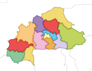 Vektör, Burkina Faso 'nun bölgeleri ve idari bölümleri, komşu ülkeler ve bölgeleri ile birlikte boş haritasını çizdi. Düzenlenebilir ve etiketlenebilir katmanlar.
