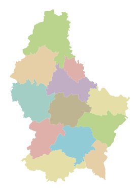 Lüksemburg 'un kantonlu ve idari bölümlü bölgesel boş haritasını oluşturun. Düzenlenebilir ve etiketlenebilir katmanlar.