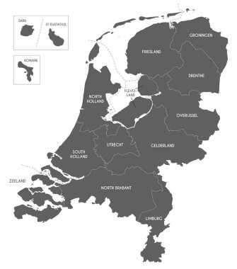 Vector regional map of Netherlands with provinces, Caribbean special municipalities and administrative divisions. Editable and clearly labeled layers. clipart