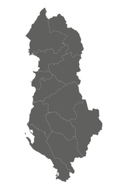 Arnavutluk 'un illeri veya toprakları ve idari bölümleri ile ilgili bölgesel boş haritasını oluşturun. Düzenlenebilir ve etiketlenebilir katmanlar.