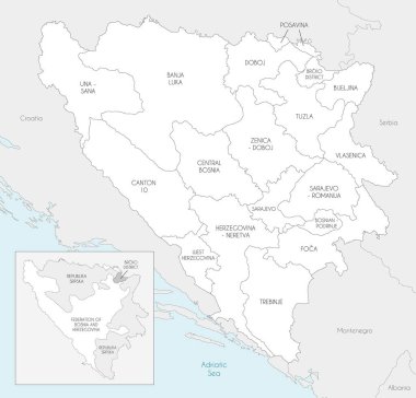 Bosna-Hersek 'in tarafları, kantonları, bölgeleri ve idari bölümleri, komşu ülkeler ve toprakları olan vektör haritası. Düzenlenebilir ve etiketlenebilir katmanlar.