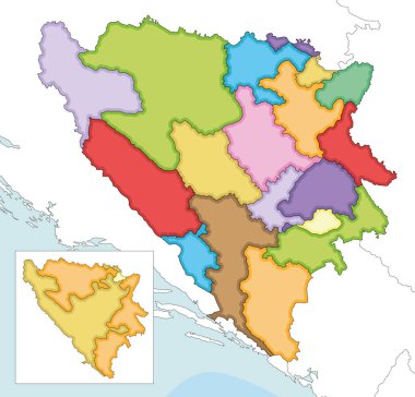 Bosna-Hersek 'in tarafları, kantonları, bölgeleri ve idari bölümleri, komşu ülkeler ve toprakları ile ilgili boş haritasını çizen vektör görülüyor. Düzenlenebilir ve etiketlenebilir katmanlar.