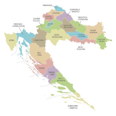 Hırvatistan 'ın ilçeleri, başkenti ve idari bölümleriyle ilgili bölgesel vektör haritası. Düzenlenebilir ve etiketlenebilir katmanlar.