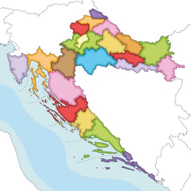 Vektör, Hırvatistan 'ın ilçe, başkent ve idari bölümler, komşu ülkeler ve topraklarla ilgili bölgesel boş haritasını çizdi. Düzenlenebilir ve etiketlenebilir katmanlar.