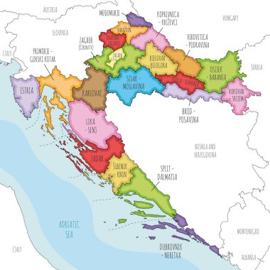 Hırvatistan 'ın bölge haritasını ilçe, başkent ve idari bölümler, komşu ülkeler ve bölgelerle çizdi. Düzenlenebilir ve etiketlenebilir katmanlar.