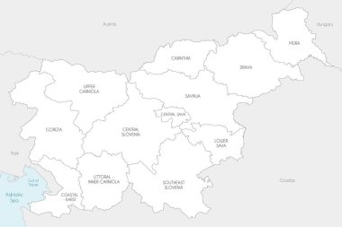 Slovenya 'nın istatistiksel bölgeleri ve idari bölümleri, komşu ülkeler ve bölgeleri olan vektör haritası. Düzenlenebilir ve etiketlenebilir katmanlar.