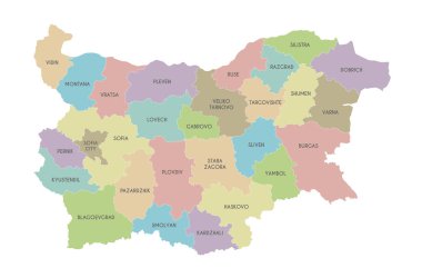 Bulgaristan 'ın illeri veya toprakları ve idari bölümleriyle ilgili bölgesel vektör haritası. Düzenlenebilir ve etiketlenebilir katmanlar.