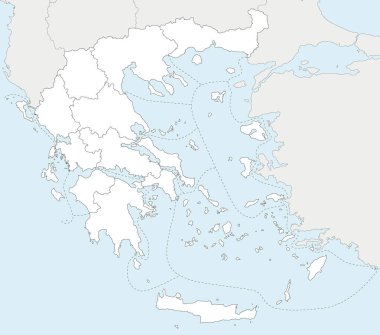 Yunanistan 'ın bölgeleri ve idari bölümleri, komşu ülkeler ve toprakları olan boş bir haritası. Düzenlenebilir ve etiketlenebilir katmanlar.