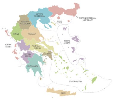 Yunanistan 'ın bölge ve bölgeleri ve idari bölümleri olan vektör haritası. Düzenlenebilir ve etiketlenebilir katmanlar.