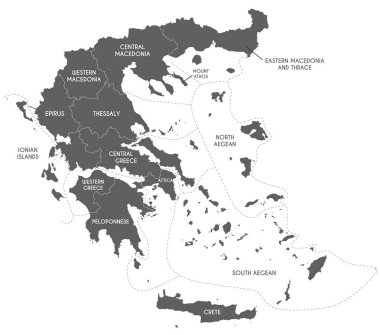Yunanistan 'ın bölge ve bölgeleri ve idari bölümleri olan vektör haritası. Düzenlenebilir ve etiketlenebilir katmanlar.