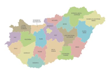 Macaristan 'ın ilçe ve bölgeleri ve idari bölümleriyle ilgili bölgesel vektör haritası. Düzenlenebilir ve etiketlenebilir katmanlar.